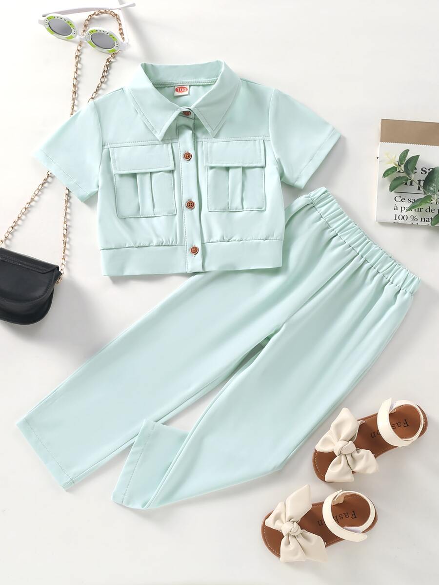 小女童翻蓋口袋襯衫和褲子