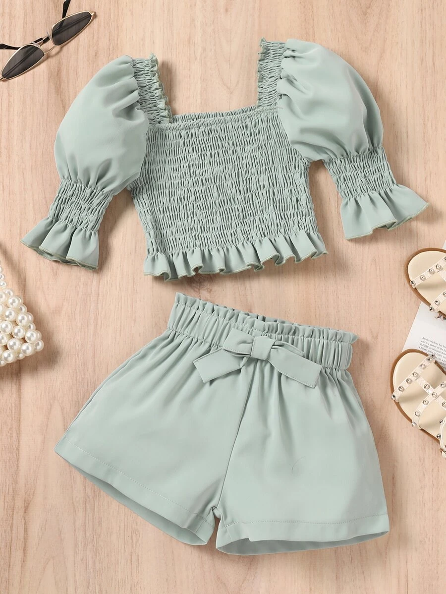 Toddler Girls Shirred Frill Trim Puff Sleeve Top & Paperbag Waist Shorts - Mint Green - View 1