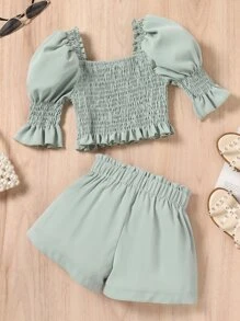 Toddler Girls Shirred Frill Trim Puff Sleeve Top & Paperbag Waist Shorts - Mint Green - View 2
