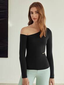 MOTF PREMIUM MODAL ASYMMETRICAL NECK T-SHIRT - Black - View 3