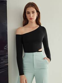 MOTF PREMIUM MODAL ASYMMETRICAL NECK T-SHIRT - Black - View 9