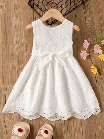 Toddler Girls Scallop Trim Eyelet Embroidery Belted Dress