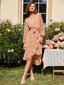 SHEIN Lantern Sleeve Ruffle Trim Wrap Tie Side Floral Dress - Multicolor - View 1