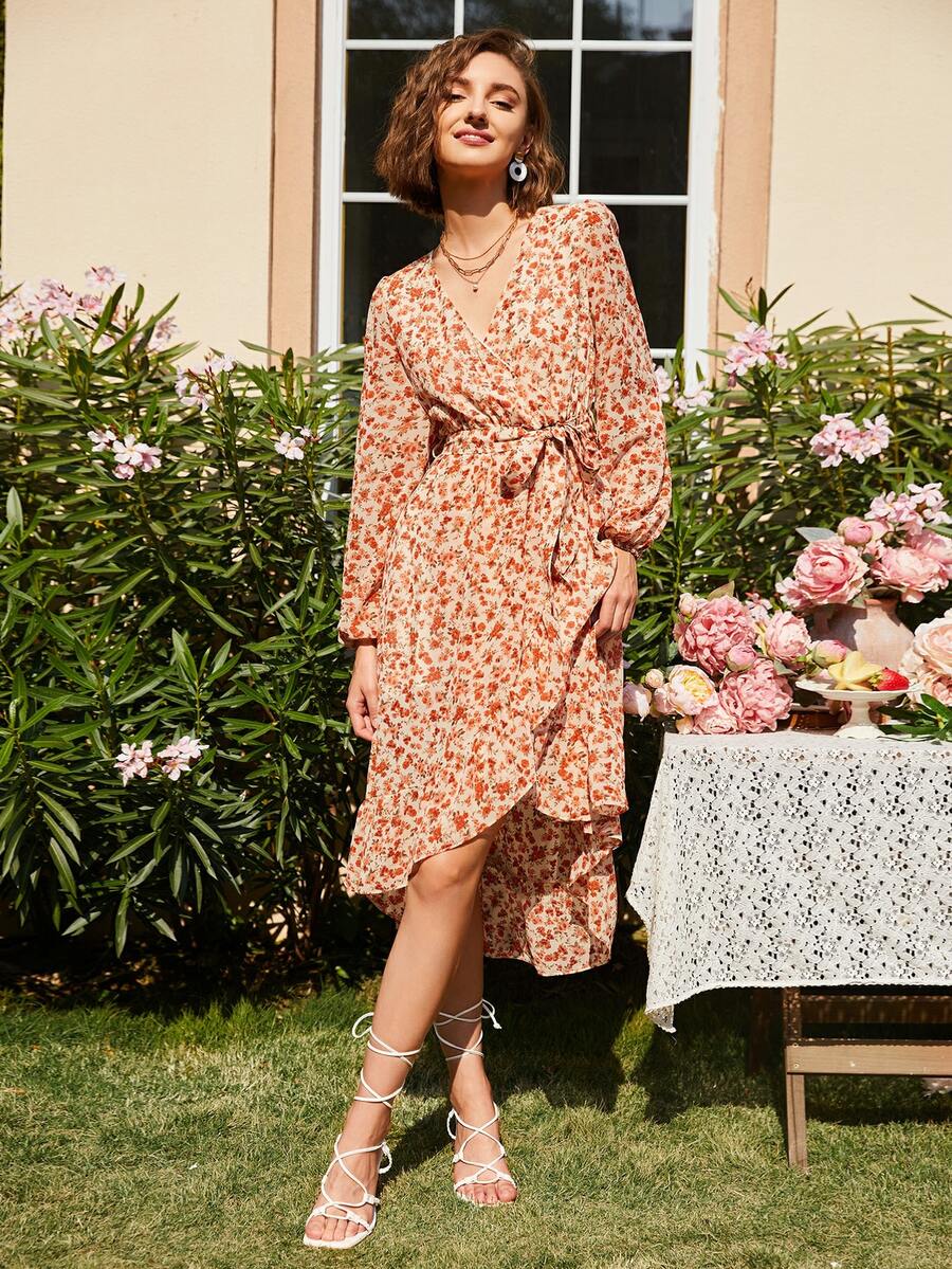 SHEIN Lantern Sleeve Ruffle Trim Wrap Tie Side Floral Dress - Multicolor - View 1