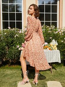 SHEIN Lantern Sleeve Ruffle Trim Wrap Tie Side Floral Dress - Multicolor - View 2