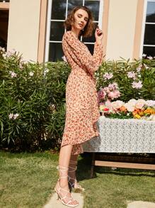 SHEIN Lantern Sleeve Ruffle Trim Wrap Tie Side Floral Dress - Multicolor - View 4