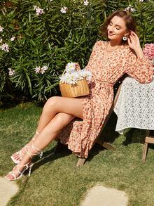 SHEIN Lantern Sleeve Ruffle Trim Wrap Tie Side Floral Dress - Multicolor - View 5