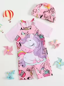 Baby Girl Unicorn Print Zipper Back One Piece Swimsuit With Cap - Multicolor - View 1