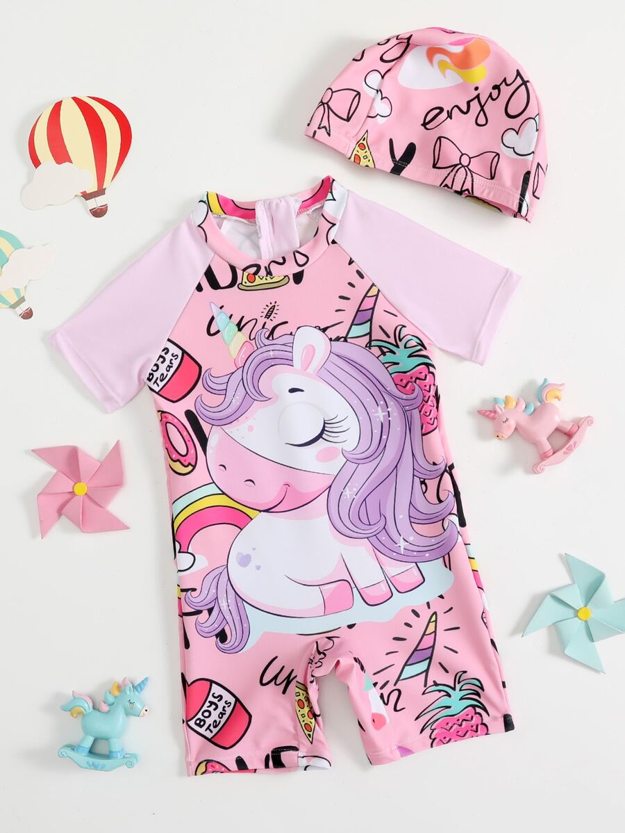 Baby Girl Unicorn Print Zipper Back One Piece Swimsuit With Cap - Multicolor - View 1