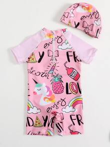 Baby Girl Unicorn Print Zipper Back One Piece Swimsuit With Cap - Multicolor - View 2