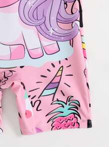 Baby Girl Unicorn Print Zipper Back One Piece Swimsuit With Cap - Multicolor - View 3