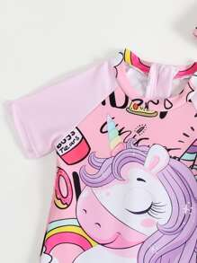 Baby Girl Unicorn Print Zipper Back One Piece Swimsuit With Cap - Multicolor - View 4