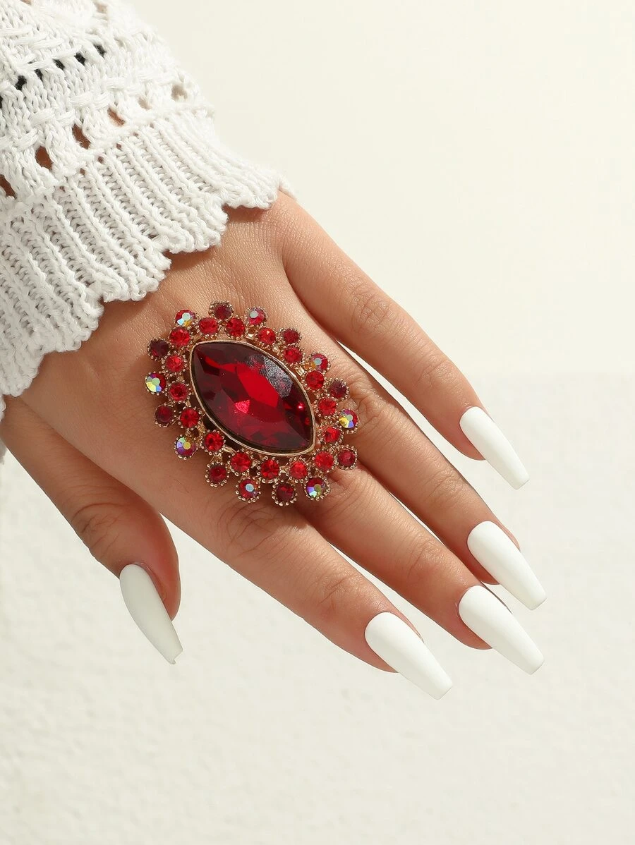 1pc Fashionable Oval Crystal Rhinestone Open Ring - Red - View 1