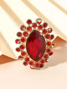 1pc Fashionable Oval Crystal Rhinestone Open Ring - Red - View 2