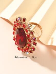 1pc Fashionable Oval Crystal Rhinestone Open Ring - Red - View 3