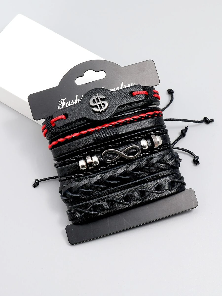 男士5入組美元和無限裝飾手環 - 黑色 - 查看 1