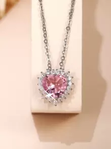 Cubic Zirconia Heart Charm Necklace - Pink - View 2