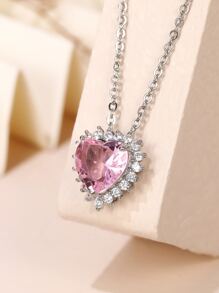 Cubic Zirconia Heart Charm Necklace - Pink - View 3