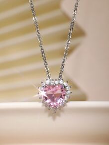 Cubic Zirconia Heart Charm Necklace - Pink - View 5