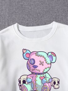 INAWLY 熊和骷髅頭圖案短款保暖套頭衫 - 白色 - 查看 3