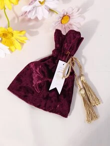 Túi quà dây rút trang trí tua - Màu Đỏ Sâu - Xem 4