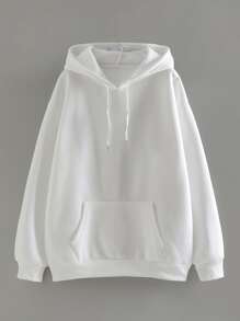 字母圖案袋鼠口袋抽繩保暖連帽衫 - 白色 - 查看 2