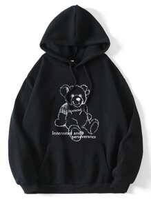 Capucha con estampado de oso y letra con cordón - Negro - Ver 1