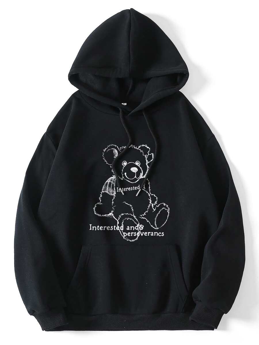 Capucha con estampado de oso y letra con cordón - Negro - Ver 1