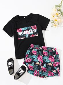 Toddler Boys Letter & Tropical Print Tee & Shorts - Multicolor - View 1