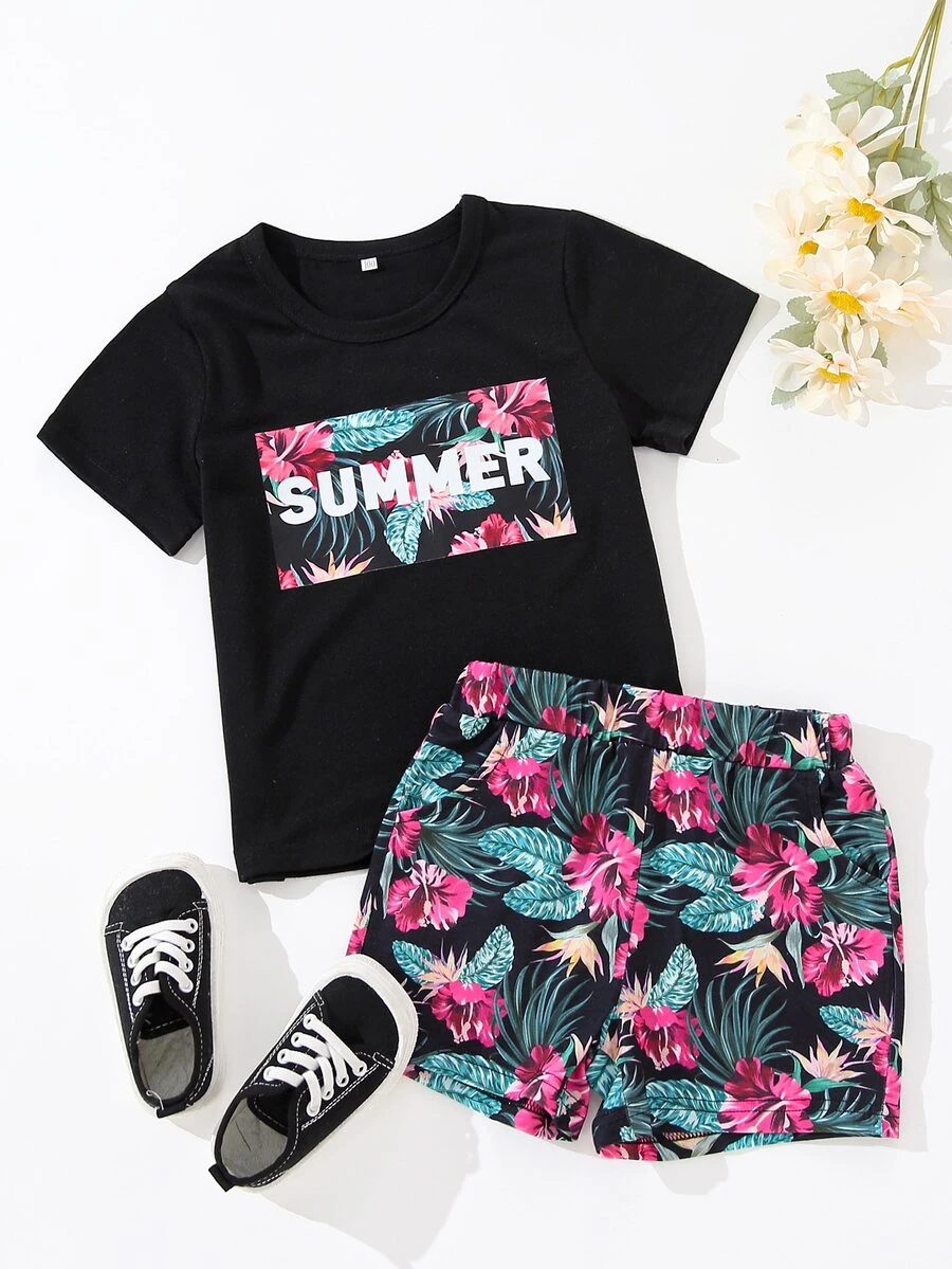 Toddler Boys Letter & Tropical Print Tee & Shorts - Multicolor - View 1