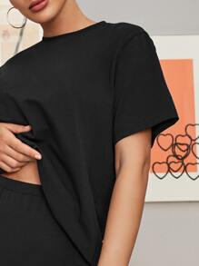 SHEIN BAE Conjunto top de cuello redondo unicolor con shorts biker - Negro - Ver 2