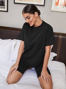 SHEIN BAE Conjunto top de cuello redondo unicolor con shorts biker - Negro - Ver 5