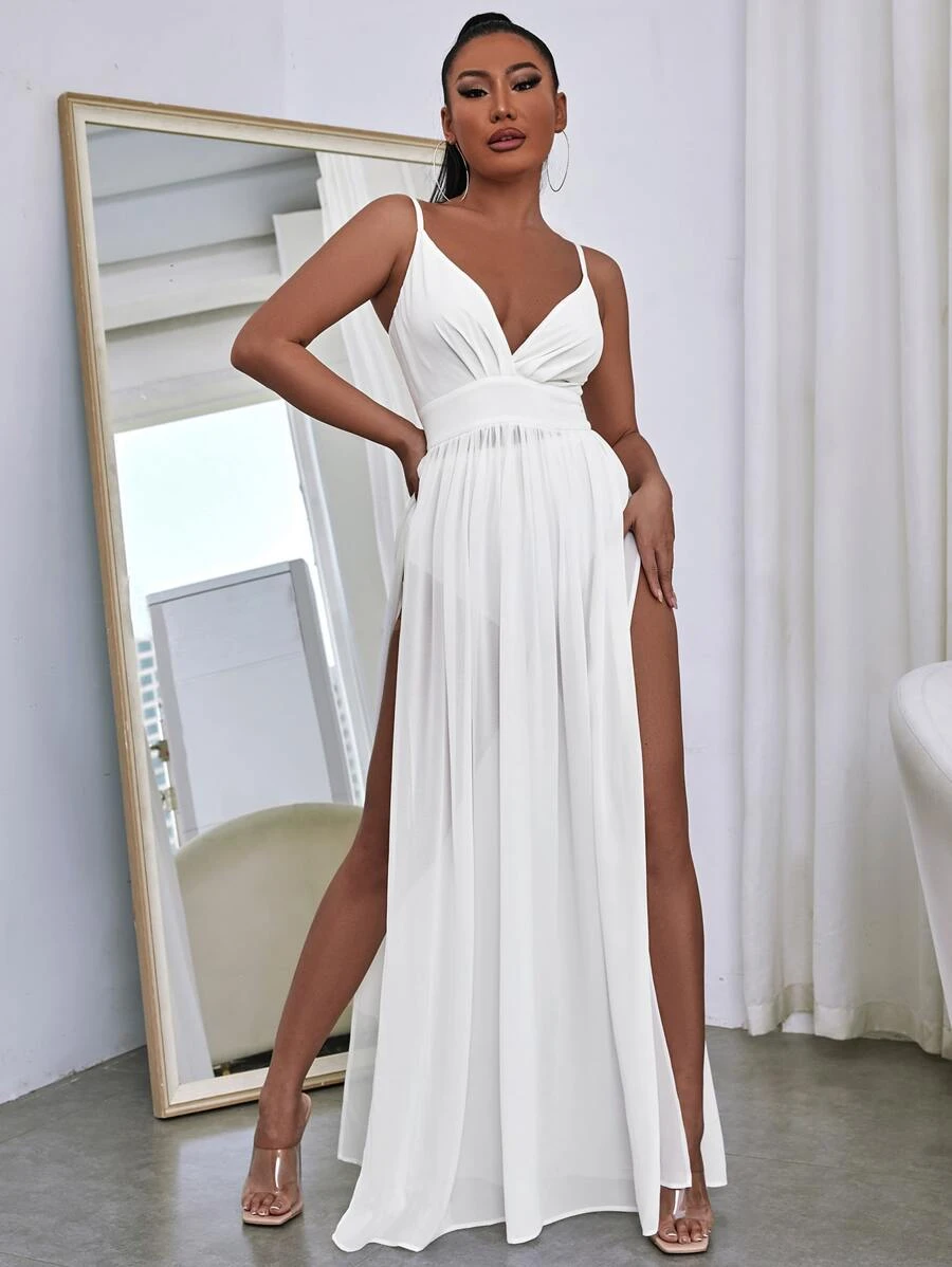 SHEIN SXY Đầm Tách cao màu trơn Gợi cảm - trắng - Xem 1