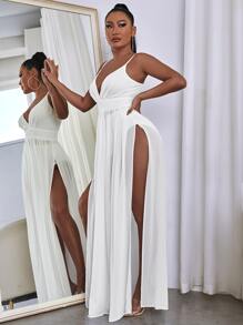 SHEIN SXY Đầm Tách cao màu trơn Gợi cảm - trắng - Xem 3