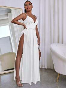 SHEIN SXY Đầm Tách cao màu trơn Gợi cảm - trắng - Xem 5