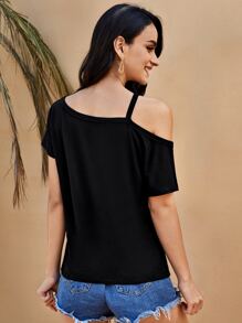 SHEIN LUNE Asymmetrical Neck Heart Print Top - Black - View 2