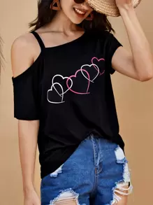 SHEIN LUNE Asymmetrical Neck Heart Print Top - Black - View 4