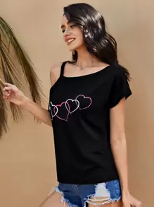SHEIN LUNE Asymmetrical Neck Heart Print Top - Black - View 5