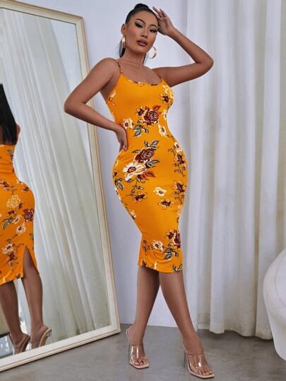SHEIN SXY Sundress;Floral Print Split Hem Bodycon Cami Dress,Tea Party Dress,Summer Dresses For Women