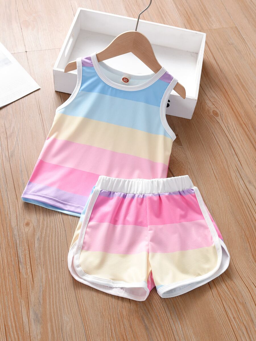 SHEIN Young Girl Rainbow Striped Contrast Binding Tank Top & Shorts, School, Campus, College - Multicolor - View 1