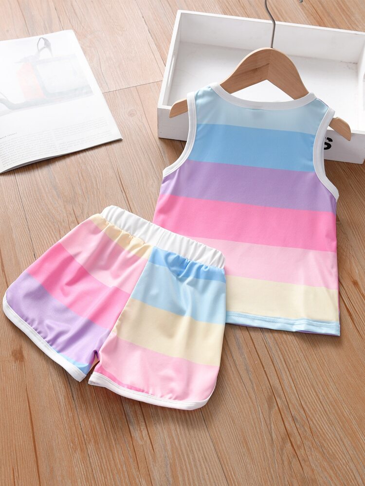 Young Girl Rainbow Striped Contrast Binding Tank Top & Shorts, School, Campus, College