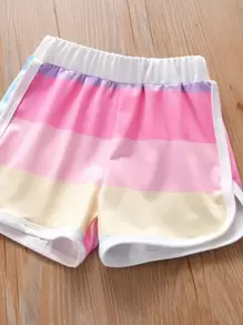 SHEIN Young Girl Rainbow Striped Contrast Binding Tank Top & Shorts, School, Campus, College - Multicolor - View 7