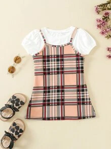 小女童泡泡袖T恤和格紋印花吊帶洋裝