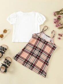小女童泡泡袖T恤和格紋印花吊帶洋裝