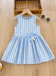 Đầm bé gái Nơ trước Sọc Dễ thương - Xanh và trắng - Xem 1