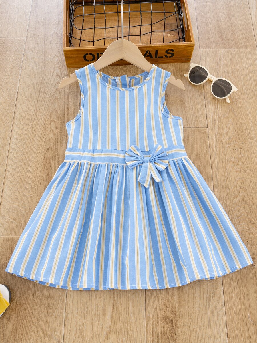 Đầm bé gái Nơ trước Sọc Dễ thương - Xanh và trắng - Xem 1