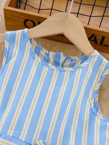 Đầm bé gái Nơ trước Sọc Dễ thương - Xanh và trắng - Xem 5