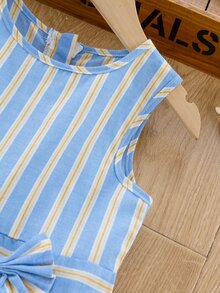 Đầm bé gái Nơ trước Sọc Dễ thương - Xanh và trắng - Xem 6