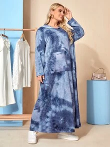 SHEIN Áo nỉ Plus Size Túi Cà vạt nhuộm Giải trí - Màu xanh lam - Xem 5