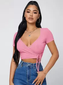 SHEIN SXY Áo thun nữ Trọn gói Gân đan Thắt nơ trước màu trơn Gợi cảm - Hồng - Xem 1